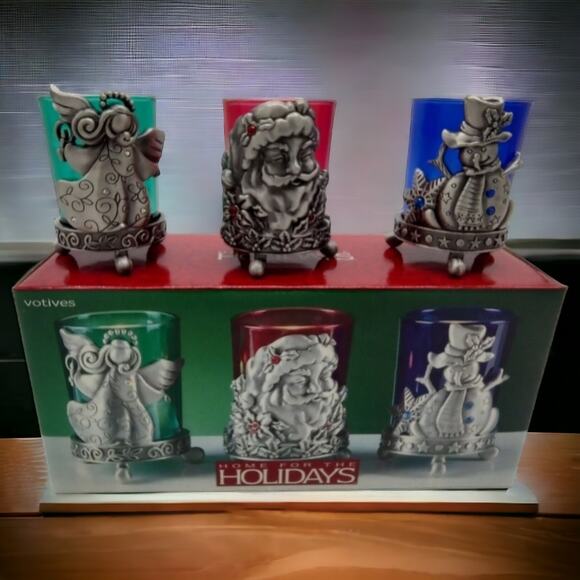 2003 Pewter Angel Santa Snowman Christmas Votive Candle Holder Home For Holidays - Picture 1 of 11